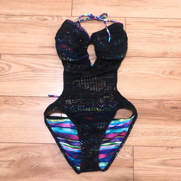OP Ocean Pacific Bikini Size M Open Back Ties One Piece Mesh Black Tropical EEUC - Picture 2 of 5